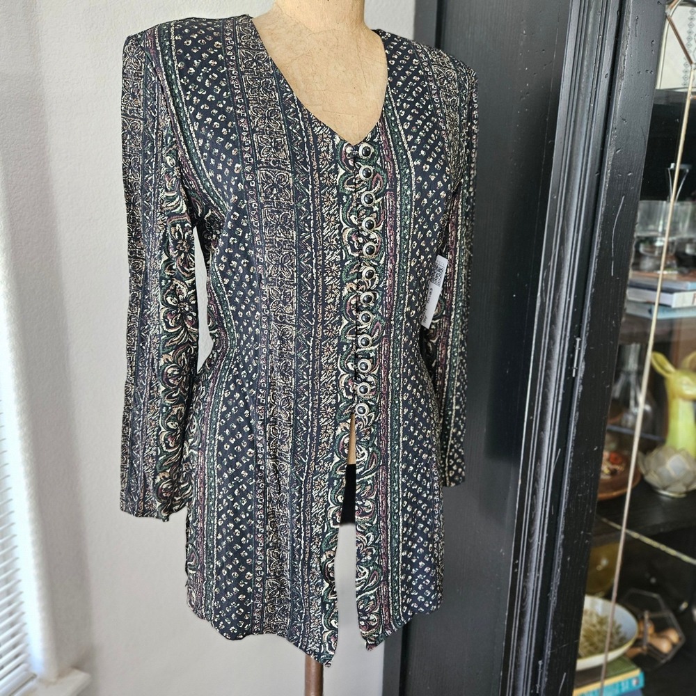 Vintage 90s Boho Tapestry Print Long Sleeve Tunic Tie Back Top Button Front